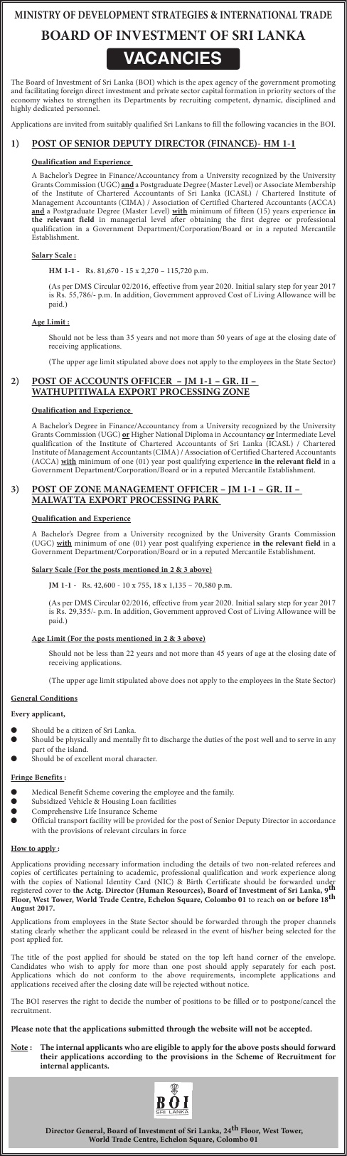 Senior Deputy Director (Finance), Accounts Officer, Zone Management Officer - Board of Investment of Sri Lanka